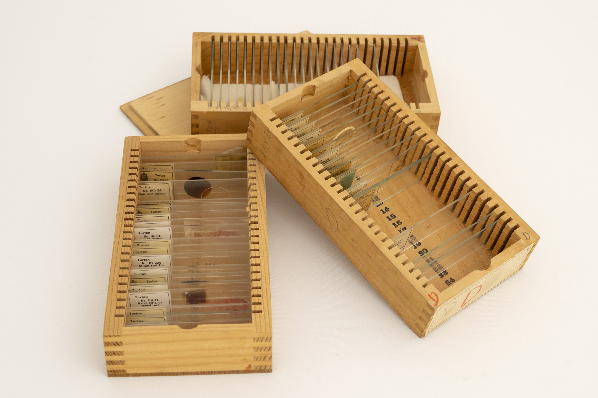 Three wooden slide holder boxes containing slides and one wooden lid